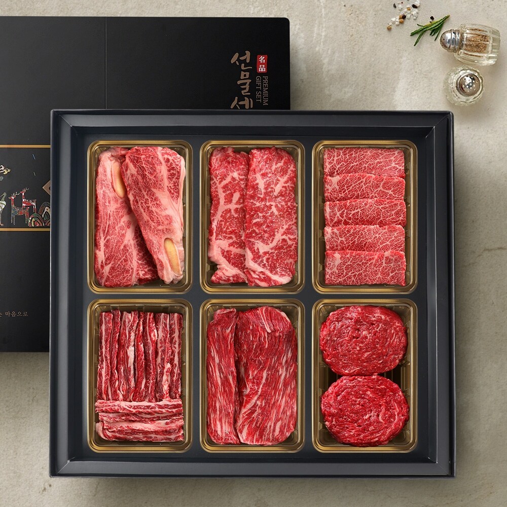 [투뿔한소] 한우 1++등급 구이정육모듬 선물세트 5호 2.4kg (등심400g+채끝400g+살치살400g+갈비살400g+국거리400g+불고기400g) 291,800원