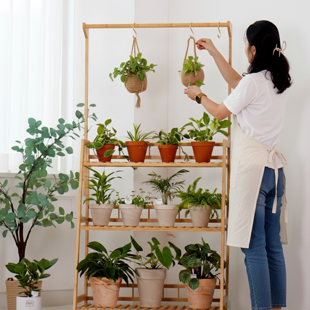 친절한마이쮸 원목 화분거치대 베란다 화분선반 진열대 정리대, 행거형 60cm, 3단, 현재가 57,900원