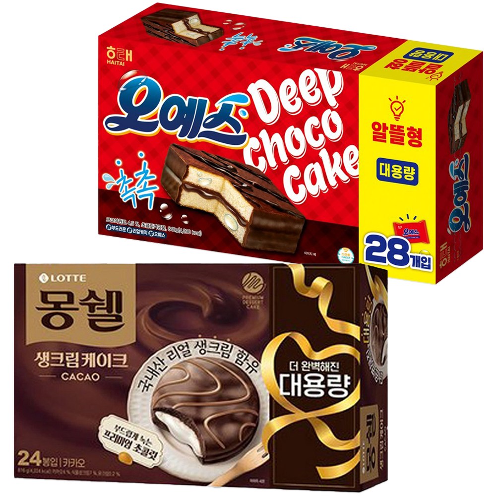 롯데 몽쉘 카카오 816g 24봉입 + 해태 오예스 840g 28봉입, 816g 29,900원