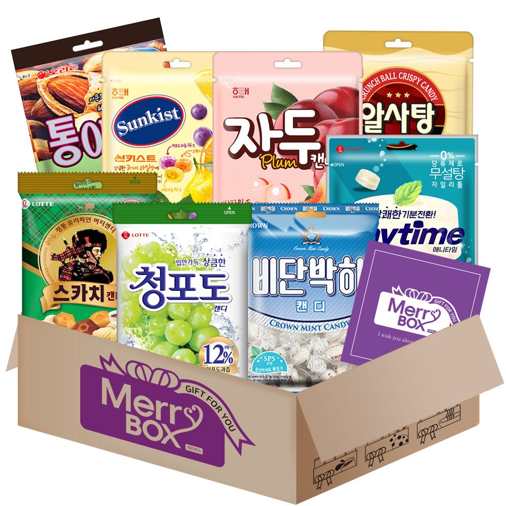 캔디 8종 선물세트1호(청포도+복숭아+스카치+애니타임+썬키스트+알사탕+자두맛+통아몬드)+메세지카드, 1박스, 90g 19,800원