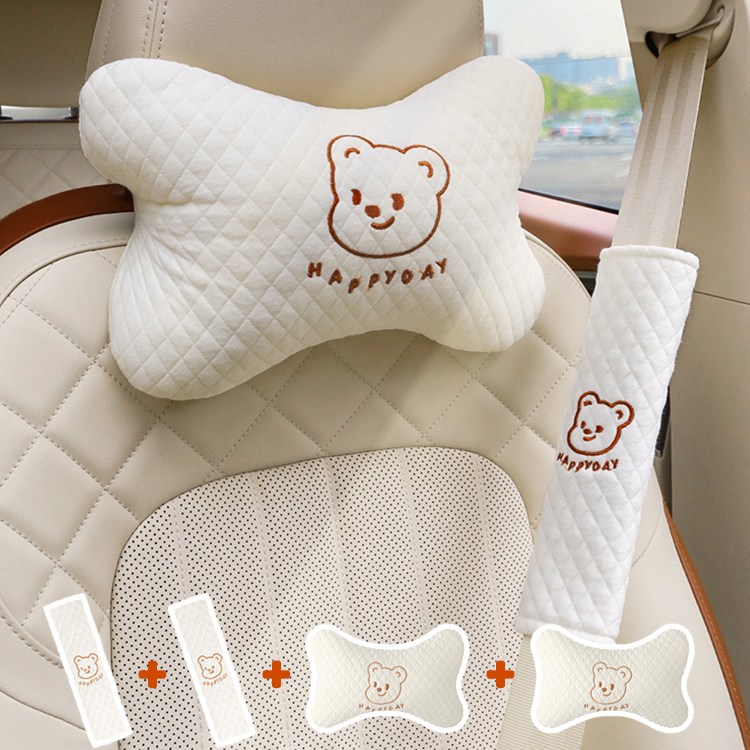 WUHU 푹신한 메모리폼 자수 곰돌이 차량용 목쿠션2p 안전벨트 커버2p 세트 26,900원