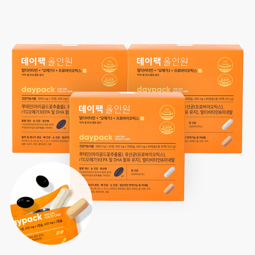 데이팩 올인원 유산균+오메가3+루테인+멀티비타민+미네랄, 30회분, 3개 105,000원