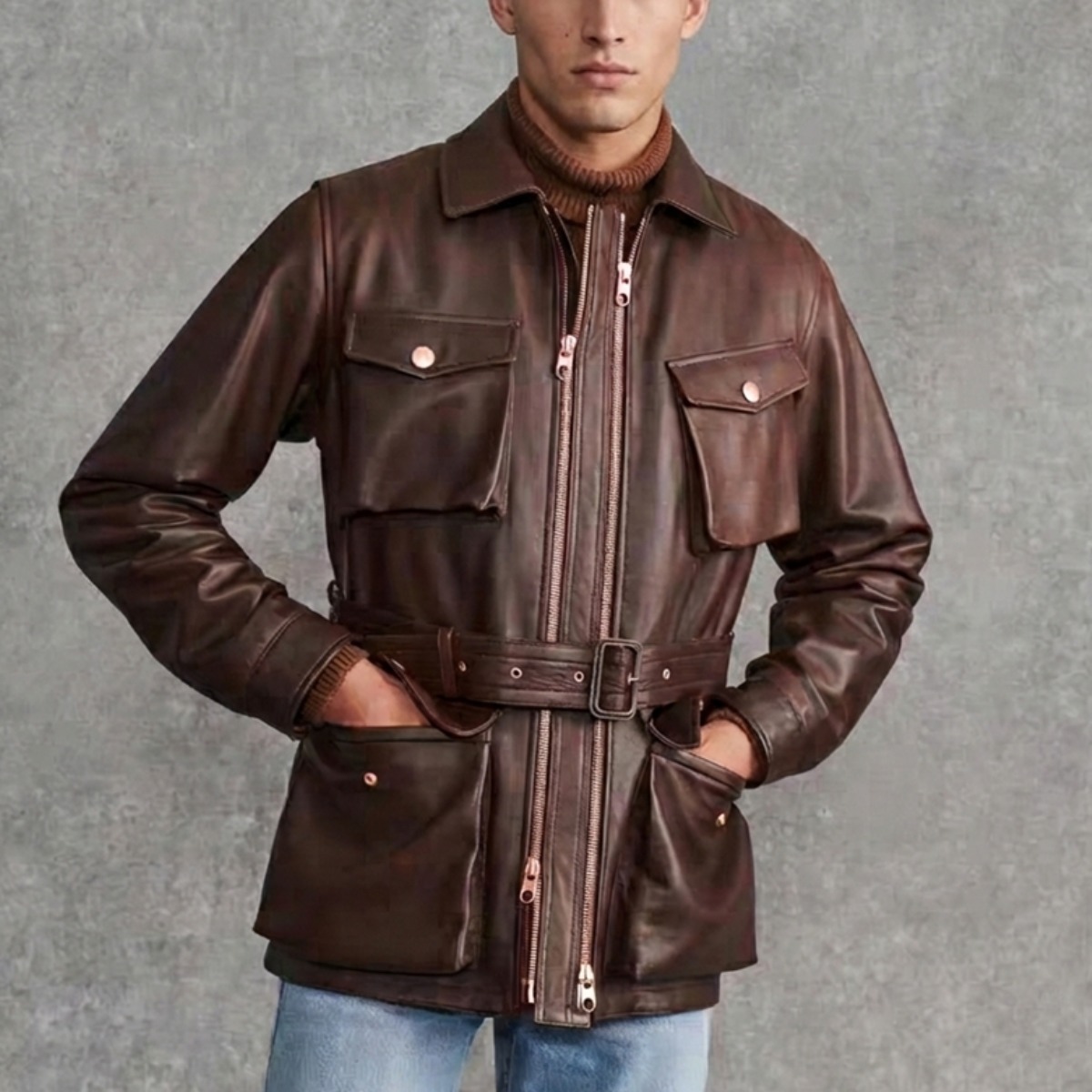 몽키보이레더 남성 프리미엄 벨티드 양가죽 사파리 필드 자켓 408,000원