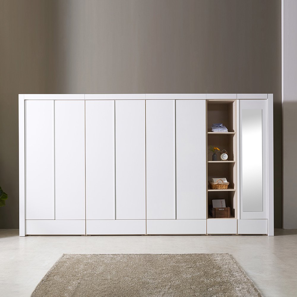 [슬림옷장] 파로마 하루 D 거울 옷장 3600 세트 5통 기둥테두리 포함 (수납옷장+이불장+2단옷봉장+470오픈선반장+470거울반문옷장), 화이트 1,299,000원