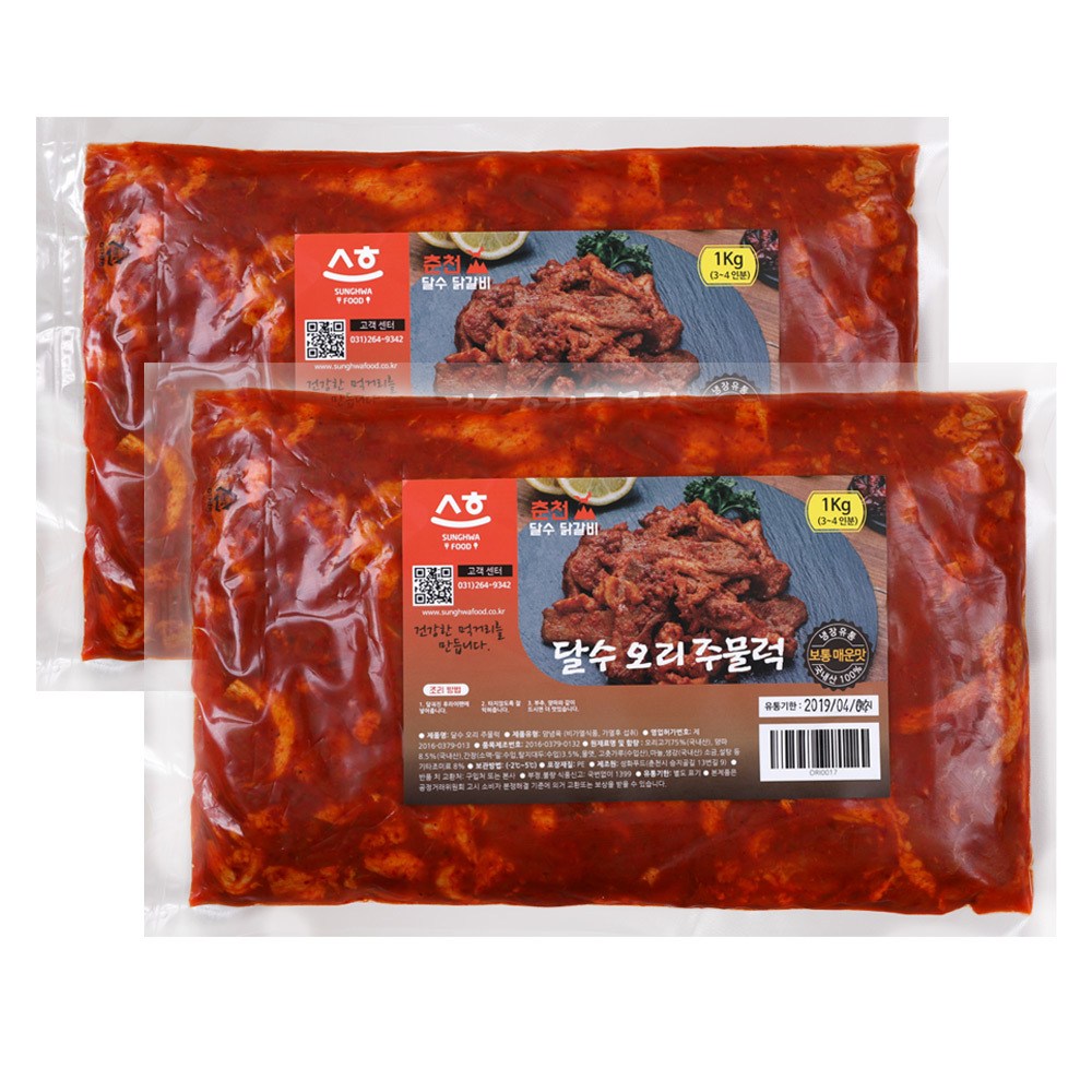 당일제조 달수오리주물럭 국내산고춧가루사용 냉장 오리불고기 1kgX2팩 (2kg), 2개, 1kg 45,800원