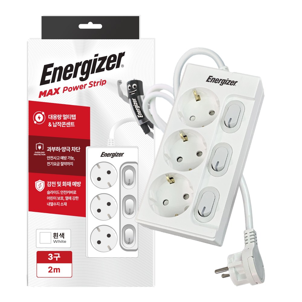 에너자이저 개별스위치 멀티탭 고용량 3구 납작플러그 과부하차단 16A 24,890원