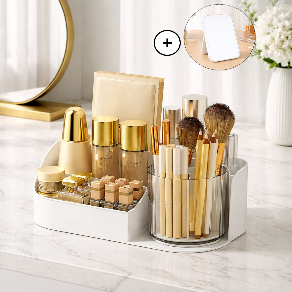 솜솜스퀘어 다용도 회전 원통 화장품 수납 정리함 세트 거울 포함, 1개, 화이트 15,000원