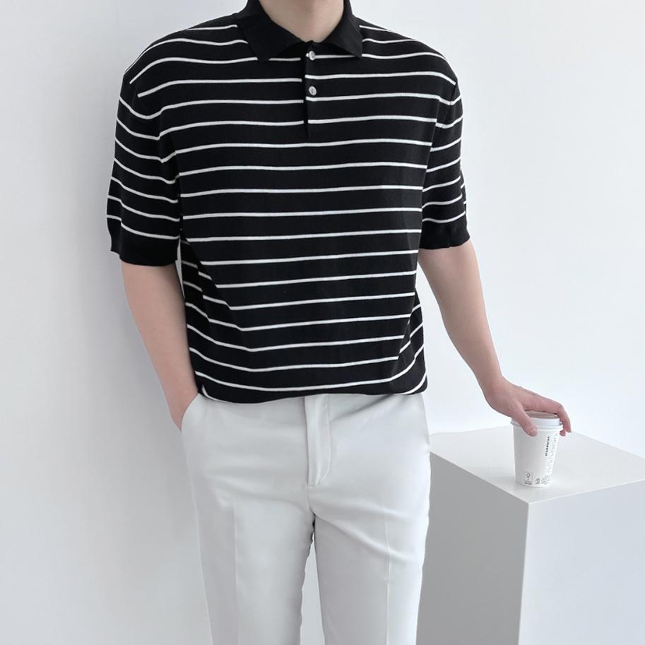 테이크잇 남자 남성 프리미엄 여름 쿨링 스트라이프 카라 반팔 니트 38,500원