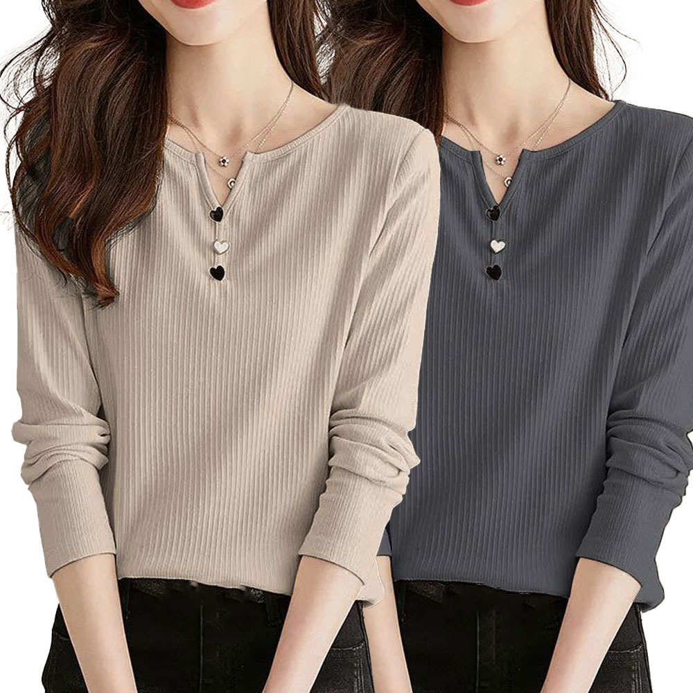 TKX 1+1 여성 가을 간절기 긴팔 티셔츠 단추 장식 브이넥 슬림핏 캐주얼 상의 K37 20,340원