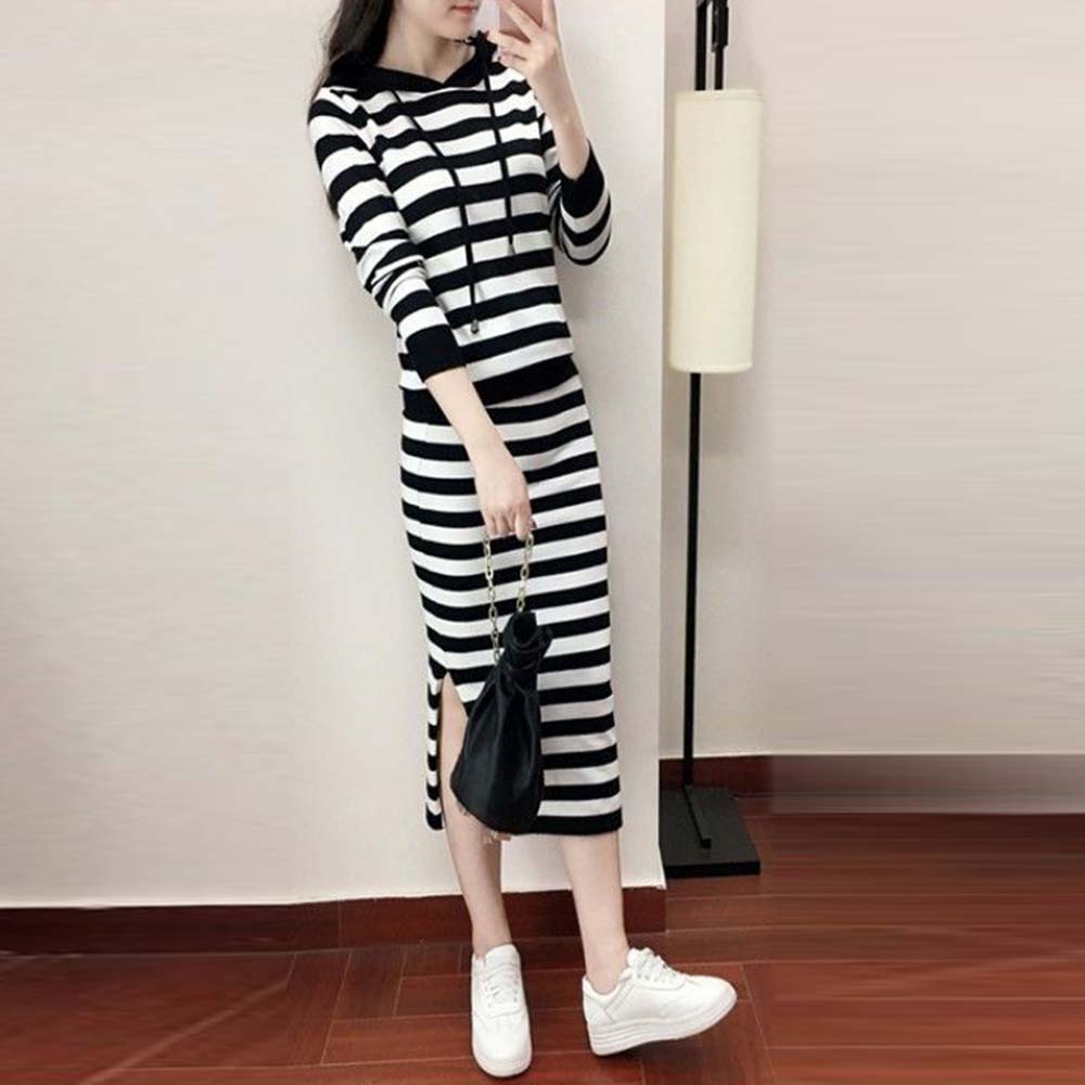 TKX 여성 스트라이프 후드 니트 투피스 세트 가을 봄 데일리 캐주얼 미디 스커트 KN53 26,720원