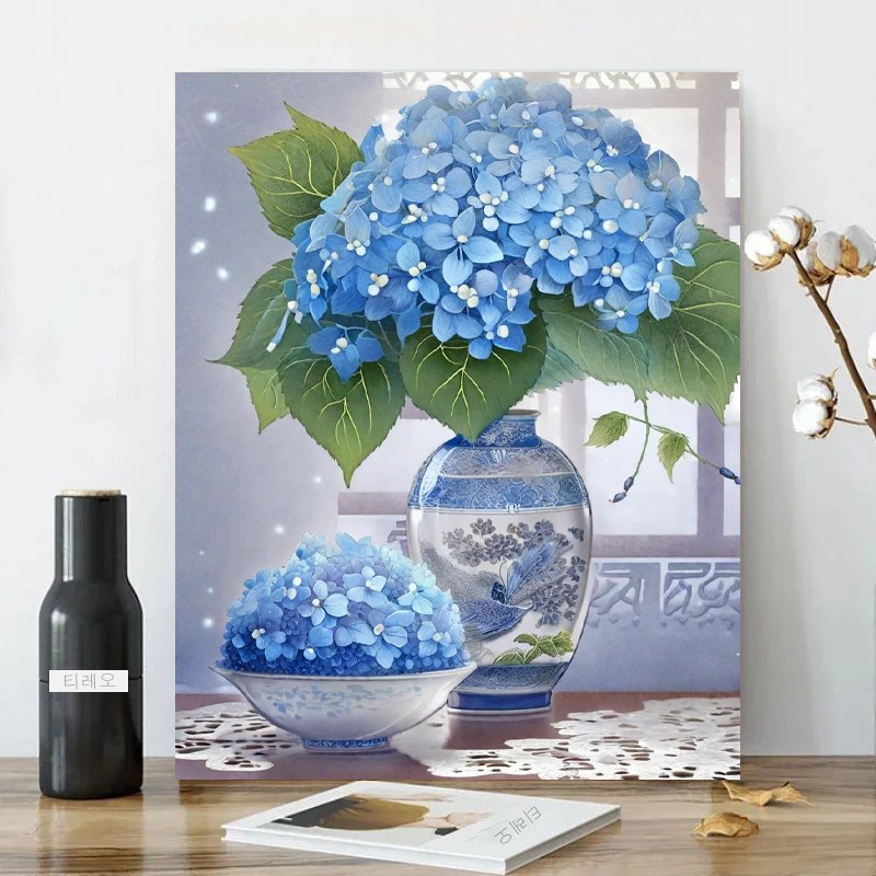 보석십자수 캔버스형 정물화 꽃병 속의 수국꽃 원형비즈 DIY키트 40x50cm 3D 대형 구슬 비즈 큐빅십자수 23,800원