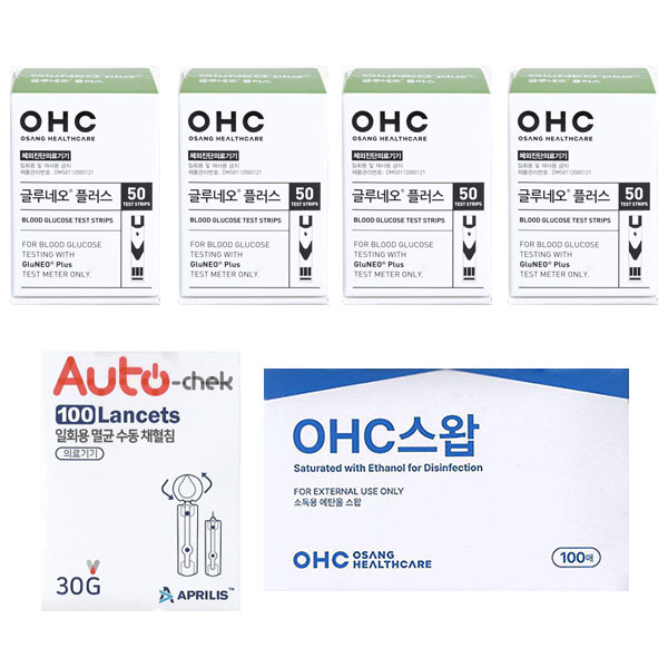 오상헬스케어 글루네오 플러스 혈당시험지 당뇨혈당체크지 세트 (혈당시험지 200매 + 채혈침 100개 + 알콜솜 100매) elevee 39,000원
