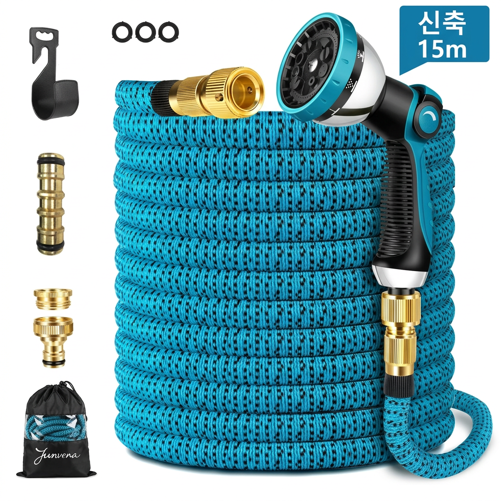 신축식 신축형 매직 호스, 꼬임방지 원터치 물호스, 10단계 멀티 노즐 분사기 포함, 라텍스+편사 내구성, 가벼운 수납 간편 세차 정원 베란다용, 블루 15m, 1개 33,800원