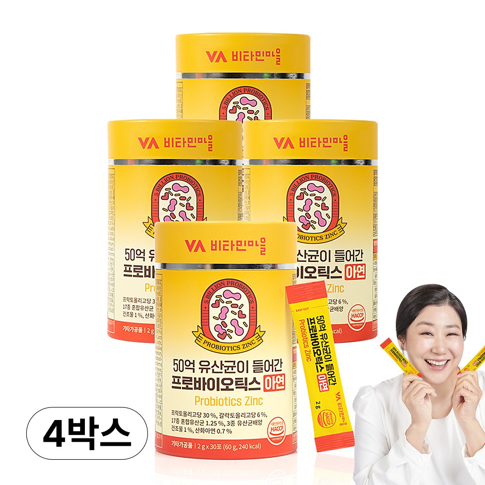 비타민마을 50억 유산균이 들어간 프로바이오틱스 아연 30포, 4개, 60g 54,900원