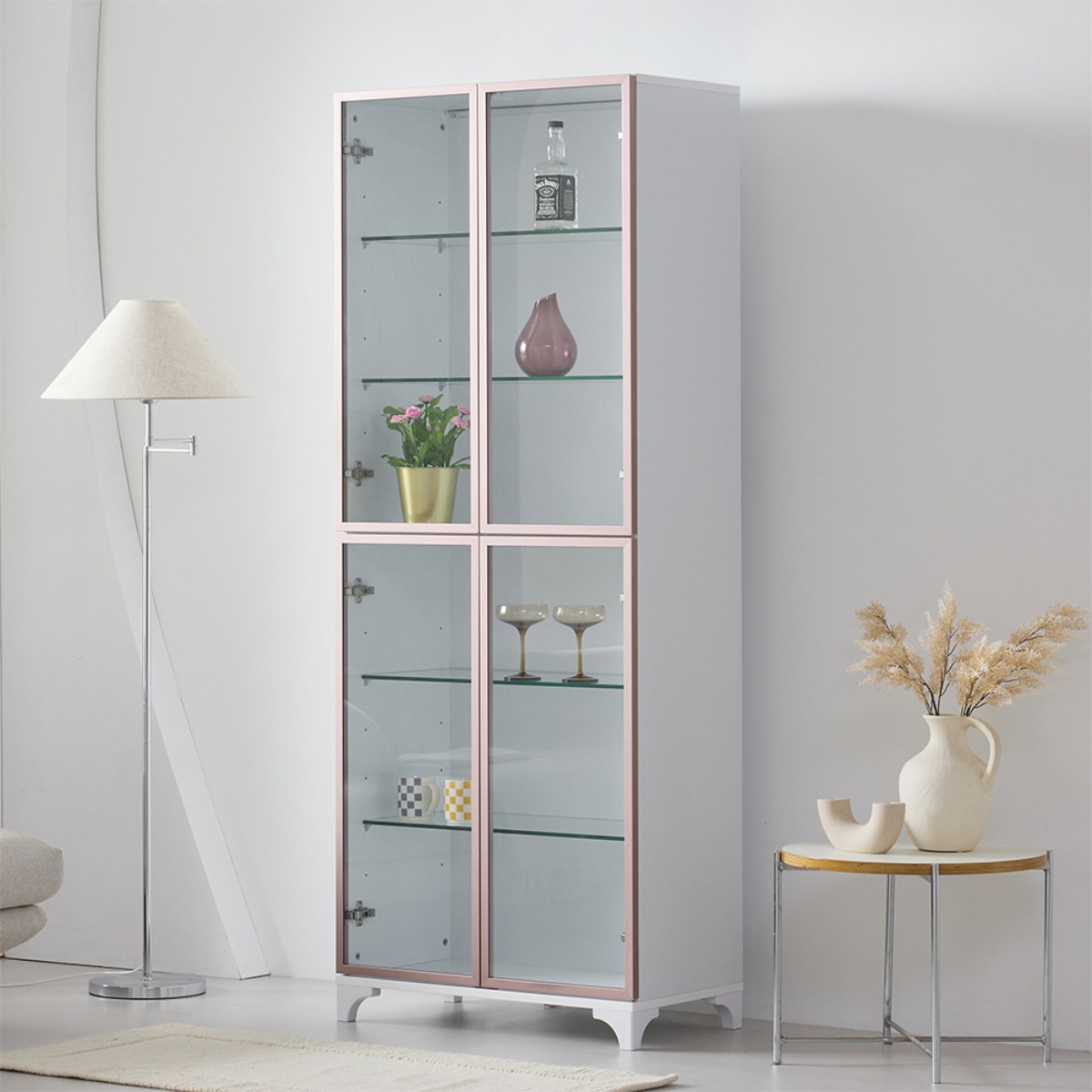 앤탑퍼니처 로즈골드 알미늄 장식장 1900 시리즈 6단 강화유리문 알루미늄프레임 주광색 전구색 듀얼조명 리모컨 양주장 진열장 위스키 수납장, 730-도어형(화이트) 369,900원
