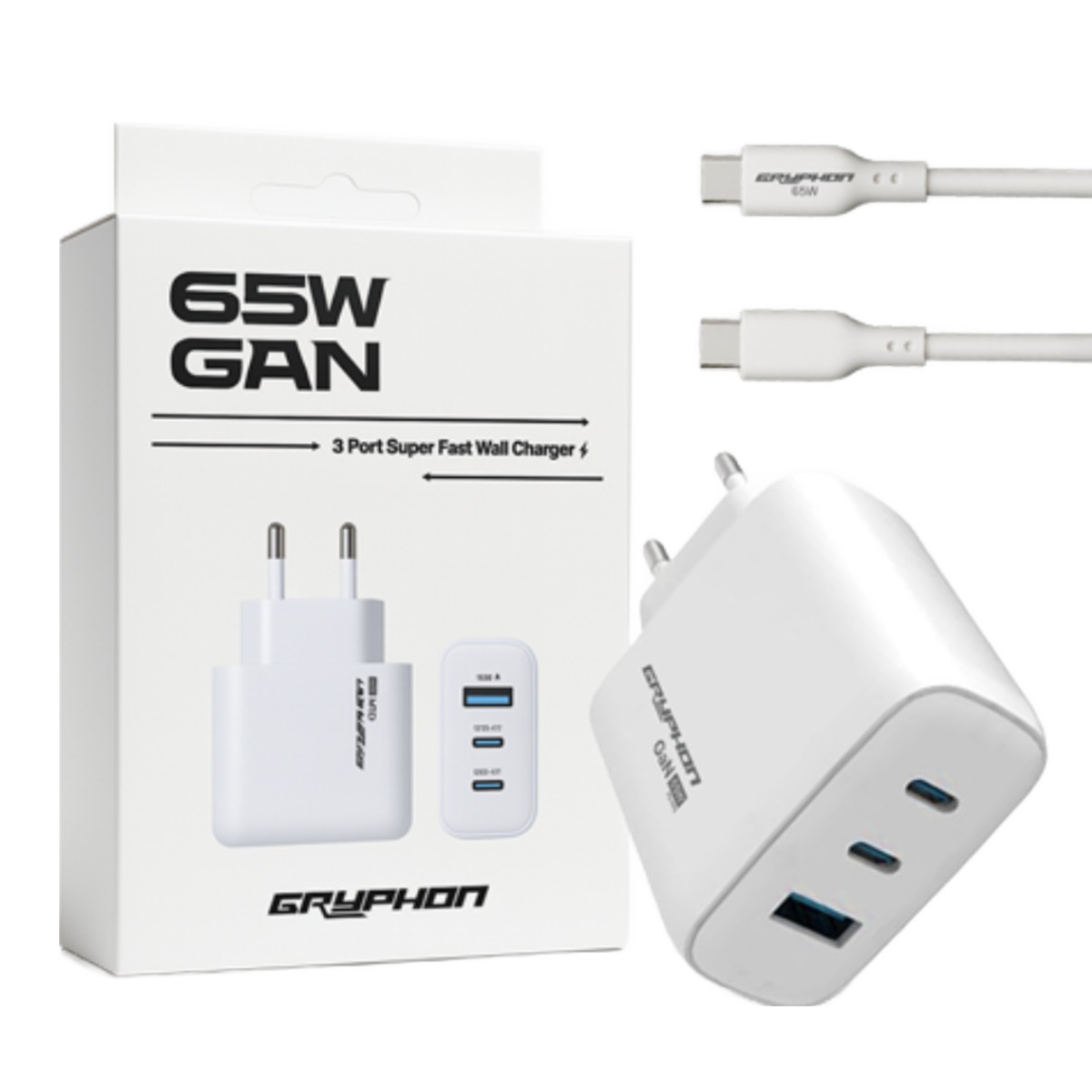 GRYPHON GaN 65W 멀티 충전기 3포트 PD PPS 초고속 C타입 노트북 충전 케이블 포함, 1개, 화이트 18,900원