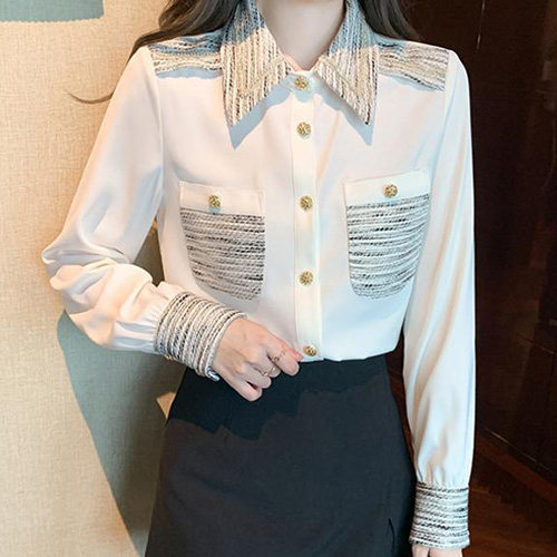 파라다이소 여성용 패치워크 금장 버튼 투포켓 블라우스 24,900원