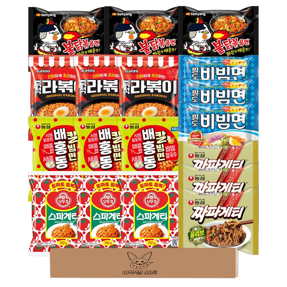 라면 봉지라면 세트 6종 각3개씩 총18개입 (팔도라볶이 ,팔도비빔면,농심배홍동칼빔면,오뚜기스파게티 ,농심짜파게티,불닭볶음면), 1세트 29,980원