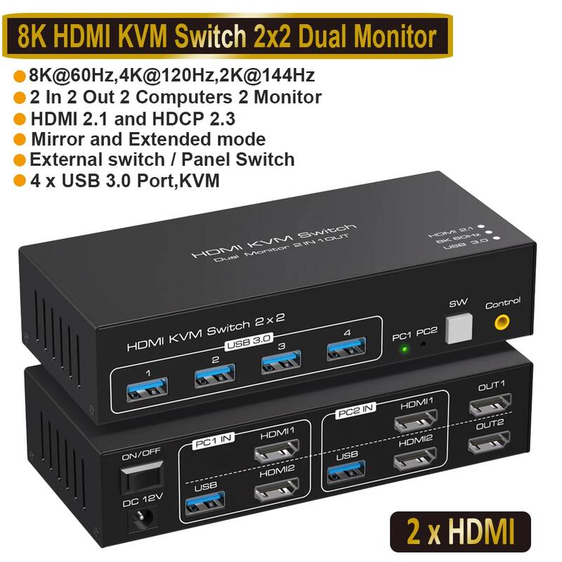 kvm스위치 듀얼 2포트 US 110vb셀렉터 Navceker HDMI DP KVM 스위치 2x2 4K 120Hz 모니터 확장 디스플레이 8K 110vB 스위처 2 대 컴퓨터용 177,100원
