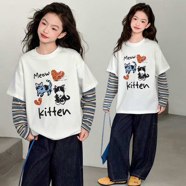 나나키즈 여아 봄 가을 초중생 상하복 세트 주니어 페이크 레이어드 하트 고양이 캐릭터  긴팔 상의+하의 초등생 청 긴바지 (YINHUA) 40,800원