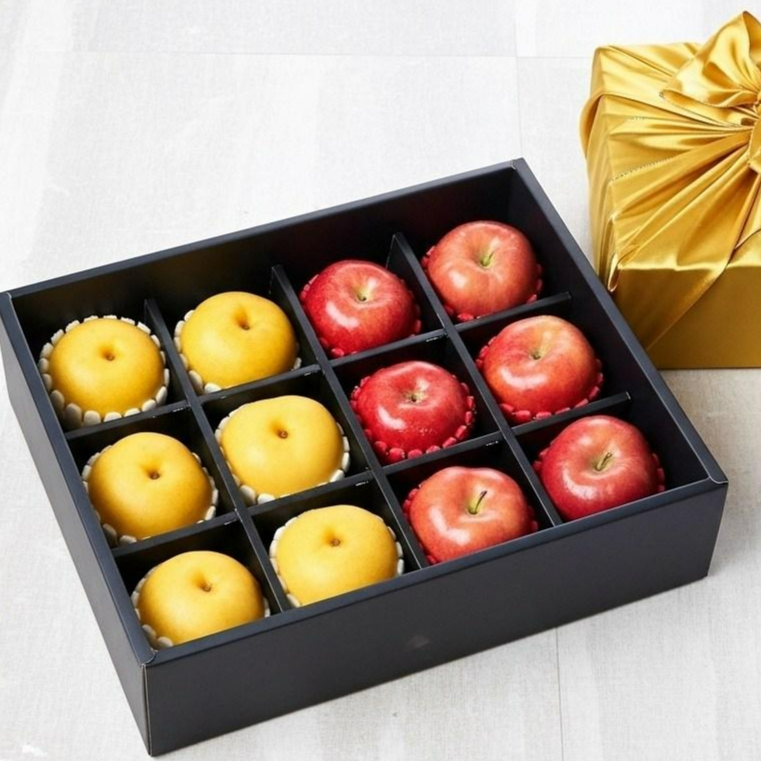 [백화점납품] 고급 포장으로 마음 전하는 12칸 보자기 과일 선물세트, 1박스, 과일의 정석 세트 / 사과6+배6 123,770원