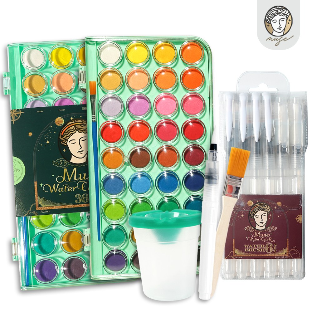 뮤즈 올인원세트 36색 고체물감 x 2P + 뮤즈 워터붓6종 + 매직물통 + 탱탱평붓 + 뮤즈 워터붓 소 15,900원