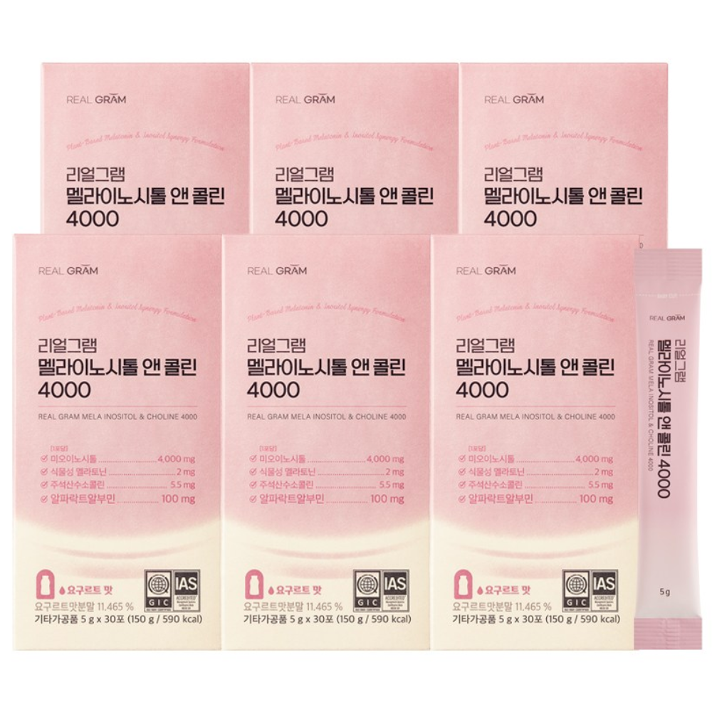 리얼그램 멜라이노시톨 미오이노시톨 4000 멜라토닌 수면 알파락트알부민 엽산 비타민, 6박스, 30회분 139,710원