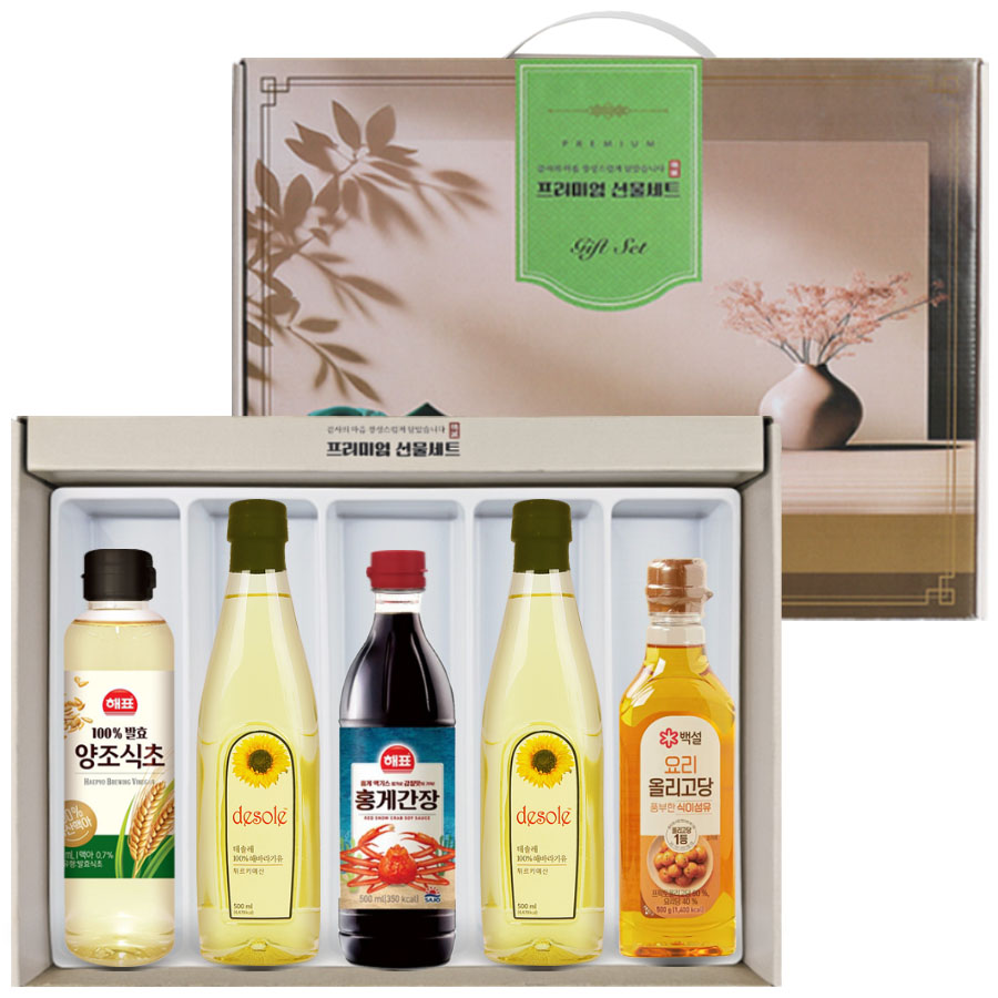 프리미엄5호세트 (해바라기씨유 2개+해표홍게간장 1개+백설올리고당1개+해표식초 1개 ) (명절선물세트) 식용유선물세트 프리미엄 선물세트,, 1세트, 2.5L 13,700원