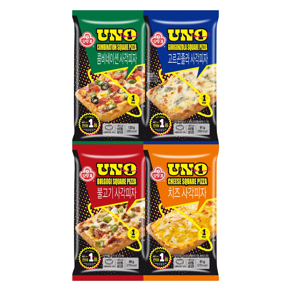 오뚜기 UNO 사각피자 4종 각 3개씩(콤비네이션+치즈+불고기+고르곤졸라), 1세트, 1.203kg 23,850원