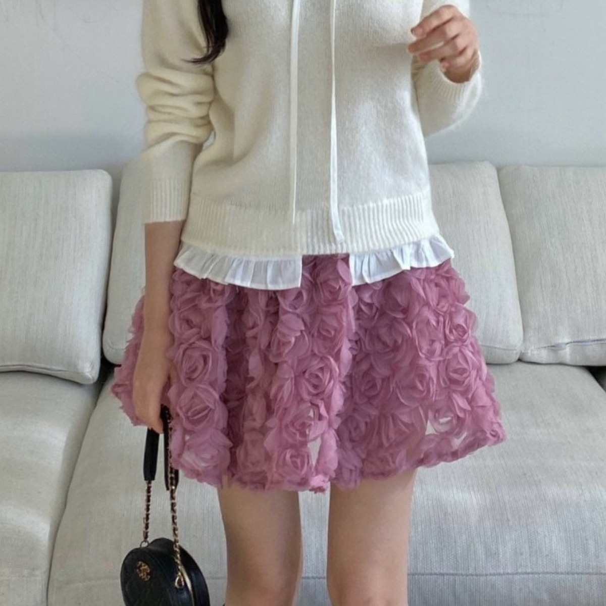 루즈핏 샤 플라워 레이스 밴딩 미니스커트 41,900원