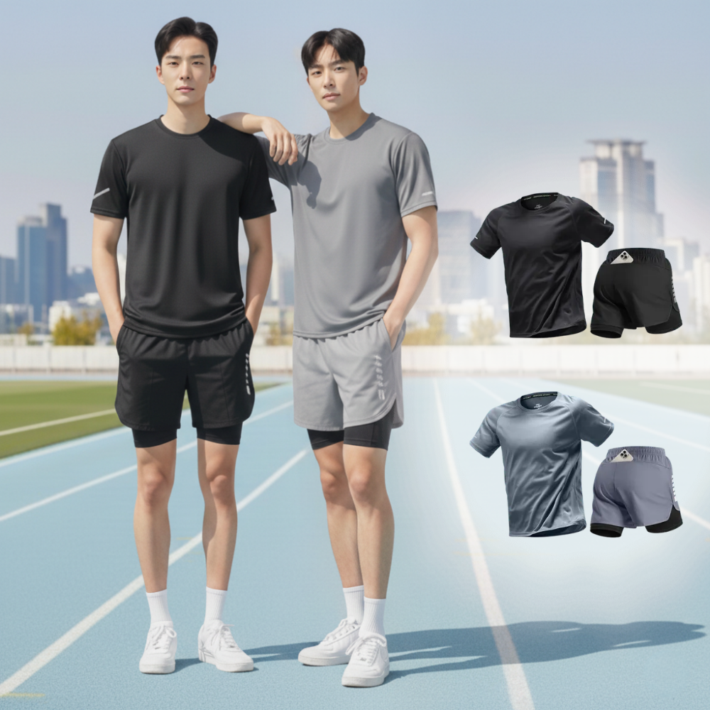 BYMSPORT 남자 런닝복 스포츠웨어 상하 운동복 세트 ( 반팔+투인원 반바지) 1+1 33,200원