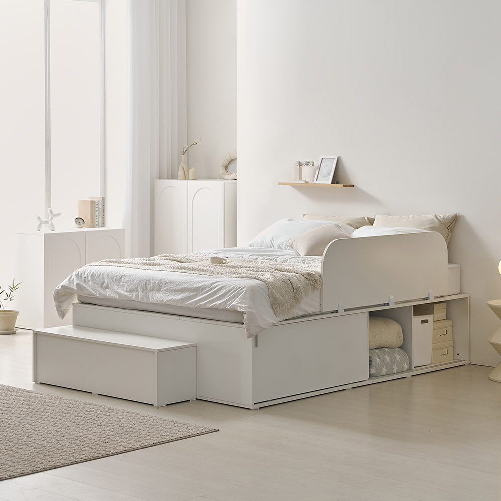 라자가구 E0 모아 슬라이딩 벙커 수납 침대 프레임 SS/Q + 잇템 본넬 매트, 화이트 349,900원