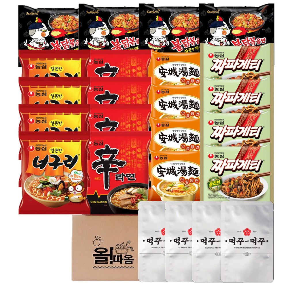 봉지라면 세트 3호 낱개 농심 신라면4 +얼큰한 너구리4 +안성탕면4 +짜파게티4 +삼양 불닭볶음면4 +먹꾸먹꾸 야채스프4, 1세트 25,980원