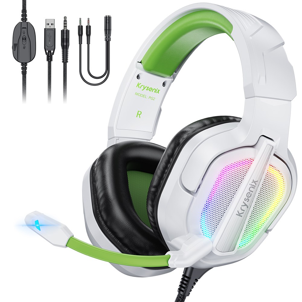Krysenix PG2 유선 게이밍 헤드셋 PS4 PS5 XBOX 헤드폰 3D 사운드 RGB USB 노이즈 캔슬링 마이크, 화이트 그린 46,500원