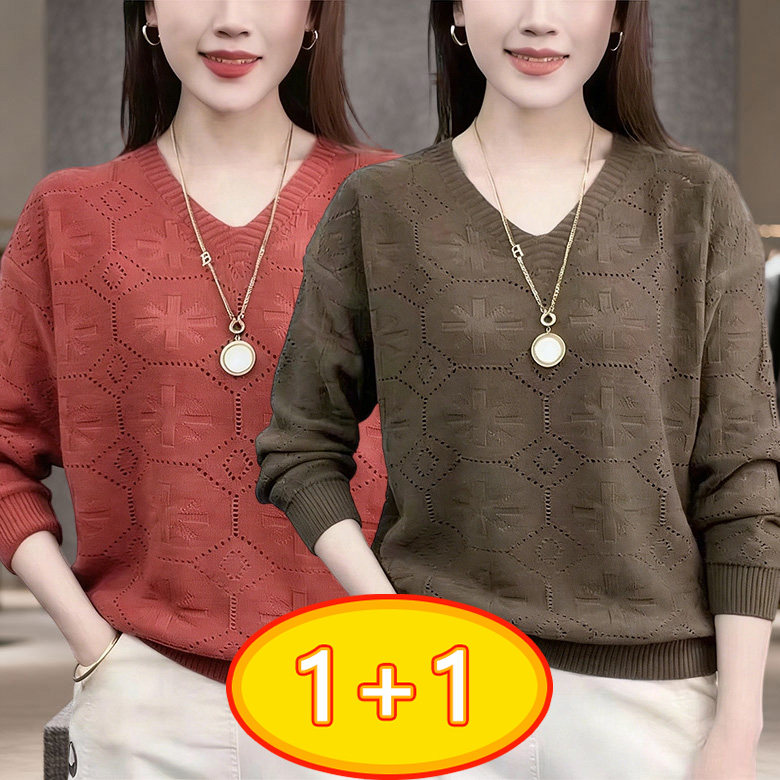 ORZQU 1+1 중년여성 봄가을 엄마옷 슬림핏 그물 펀칭 스웨터 브이넥 니트 티셔츠 18,900원