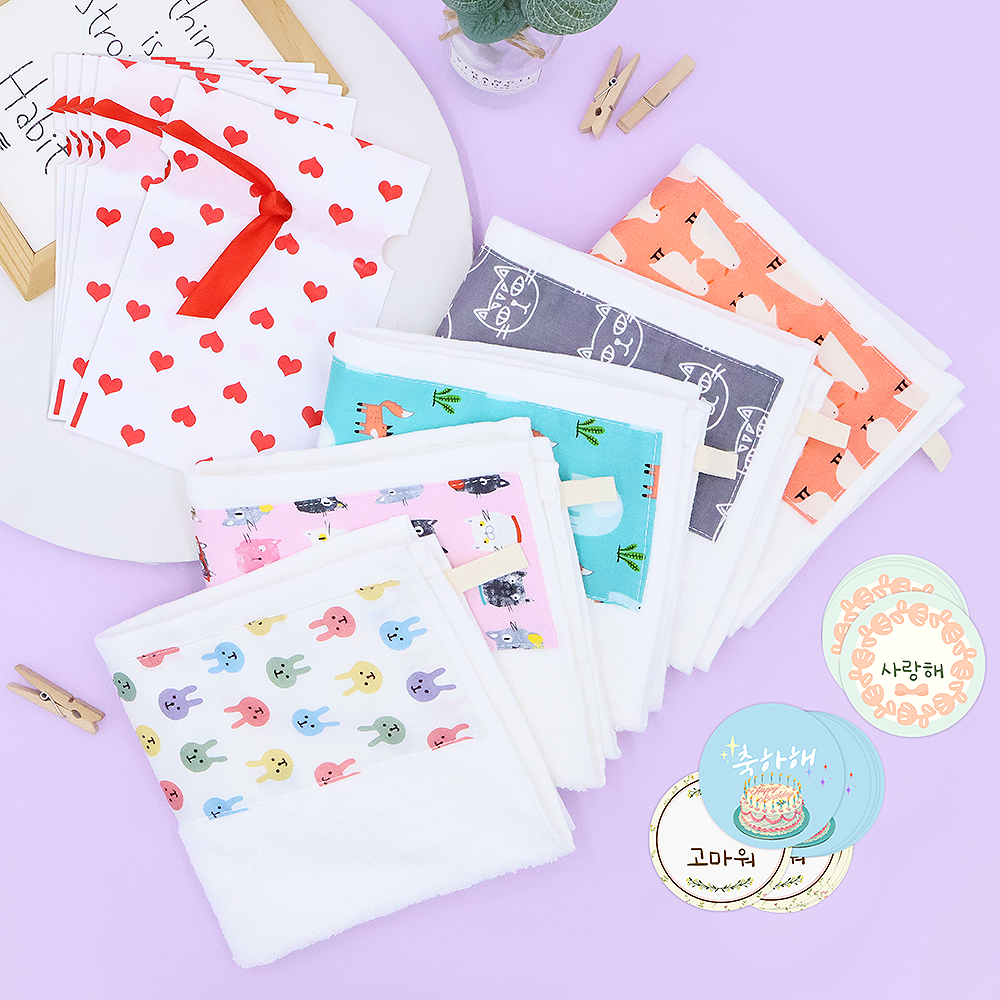비단길 생일선물 답례품 코핀수건 5p + 포장지 5p + 스티커 3종 구디백 세트 15,000원