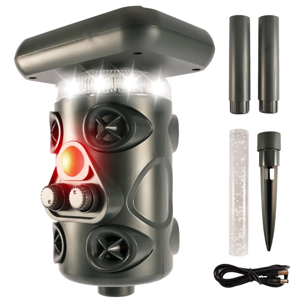 RYNOVEX 360도 태양열 충전 야생동물 퇴치기 4중강력 모드 적외선탐지/초음파/LED섬광/4개스피커 경보음 감광 야간조명 겸용 방수방진 30여종 동물 멧돼지 두더지 고라니 31,580원