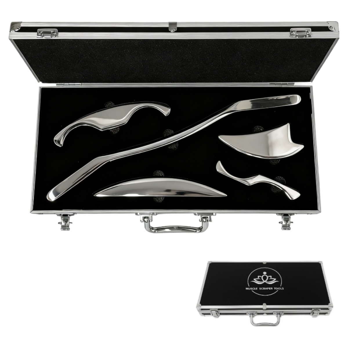 Holisttech 스테인리스 근막 마사지 괄사 5종 세트 전신 이완 케어 마사지 도구 세트 보관 케이스 포함, 실버, 1세트 70,000원