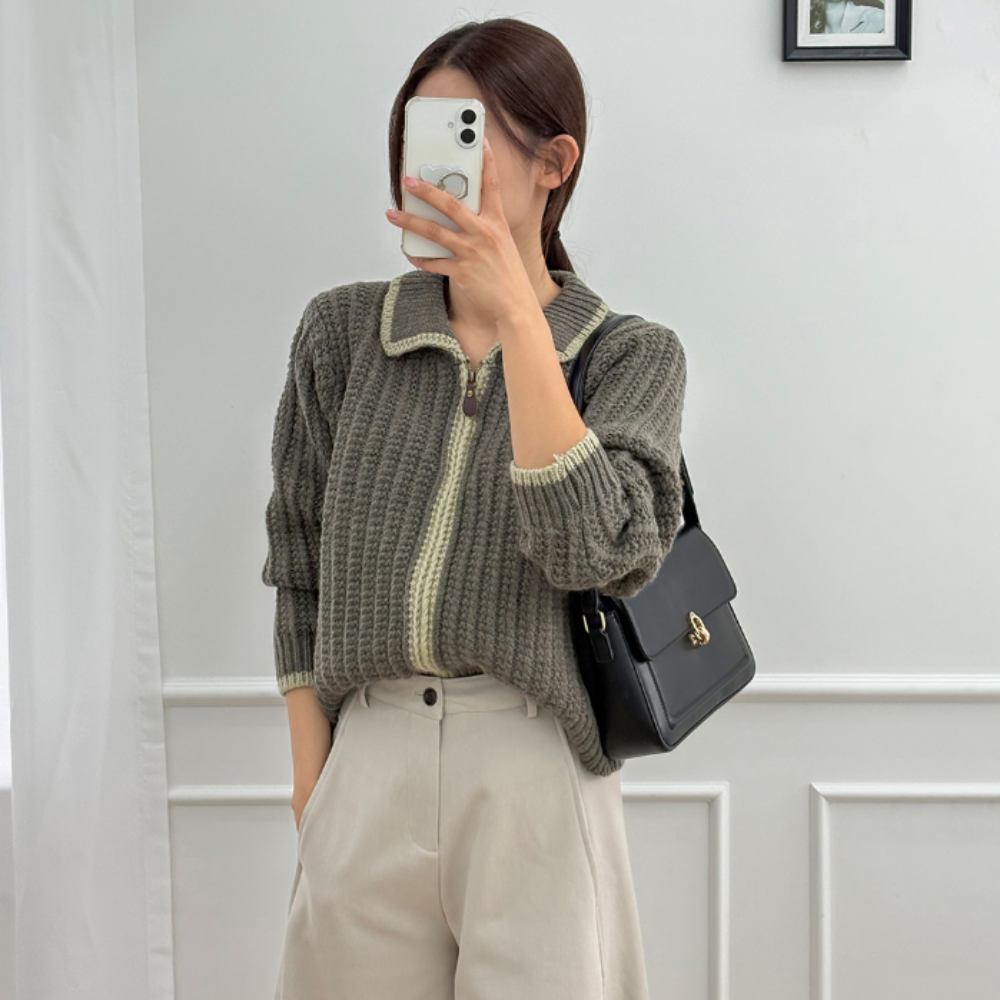 러브앤핏 여성 로로 배색 카라 울 니트 집업 (4color) 32,900원