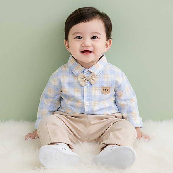 몽실이 블루 체크셔츠 보타이 상하복 가을 봄 남아용 정장 캐쥬얼 세트 셔츠 면바지 외출복 31,900원