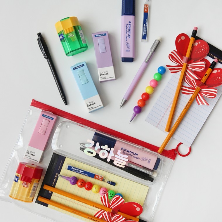 [파스텔 학용품 커스텀 연필 지퍼백 지우개 샤프 슬라이드 신학기 졸업 문구 스테들러 선물 도모아 템] 입학 세트, 1개, 4.핑크 커스텀 60,730원