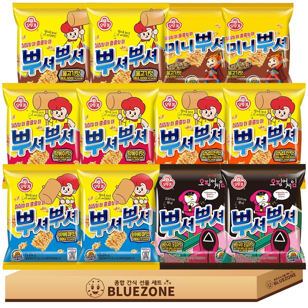 [블루존] 오뚜기 뿌셔뿌셔 세트 양념치킨맛2 떡볶이맛2 불고기맛2 바베큐맛2 버터구이오징어맛2 미니뿌셔 불고기맛2, 1박스, 혼합 16,500원