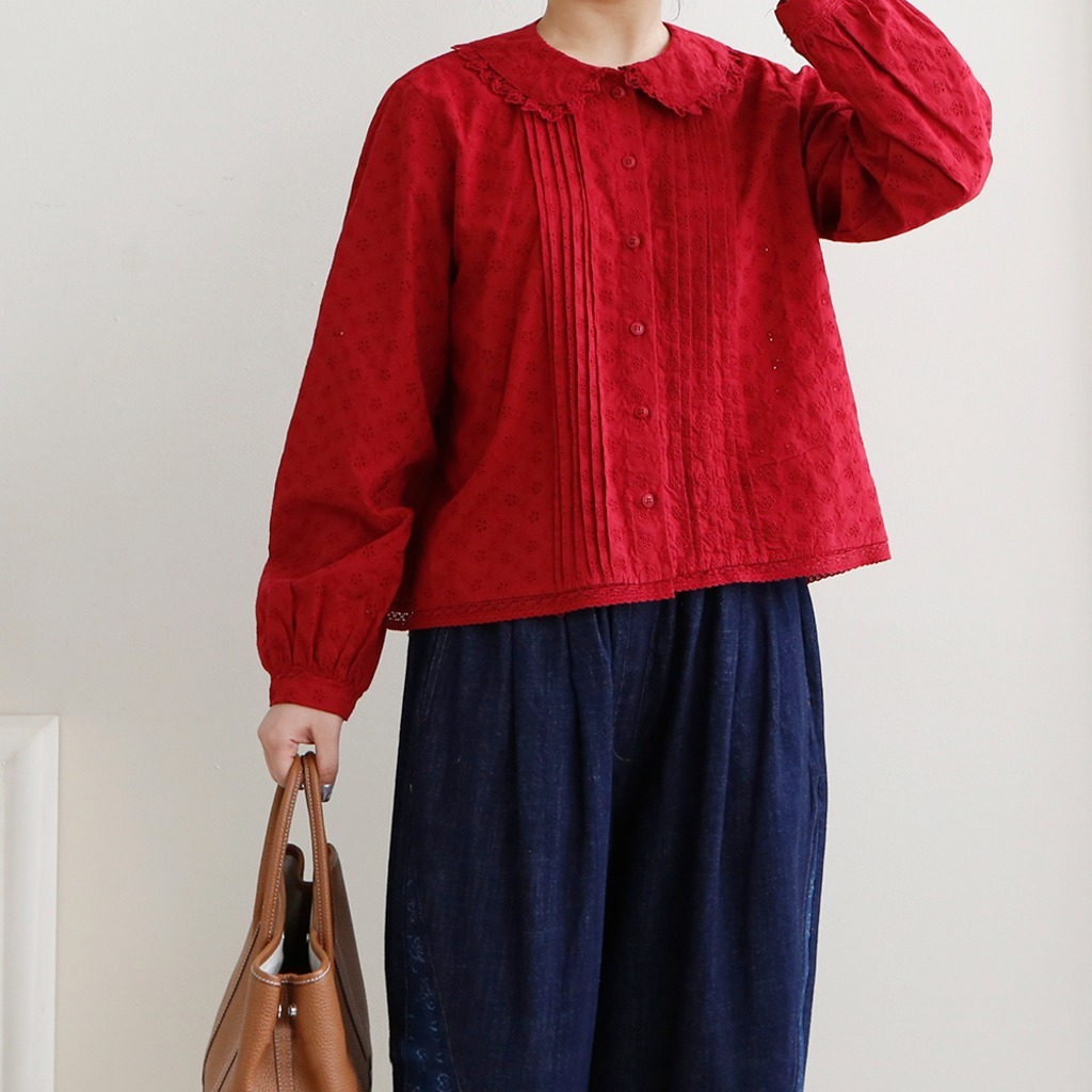 여성 레이스 카라 블라우스 면100% 세로핀턱 루즈핏 데일리 (4color) 86,400원