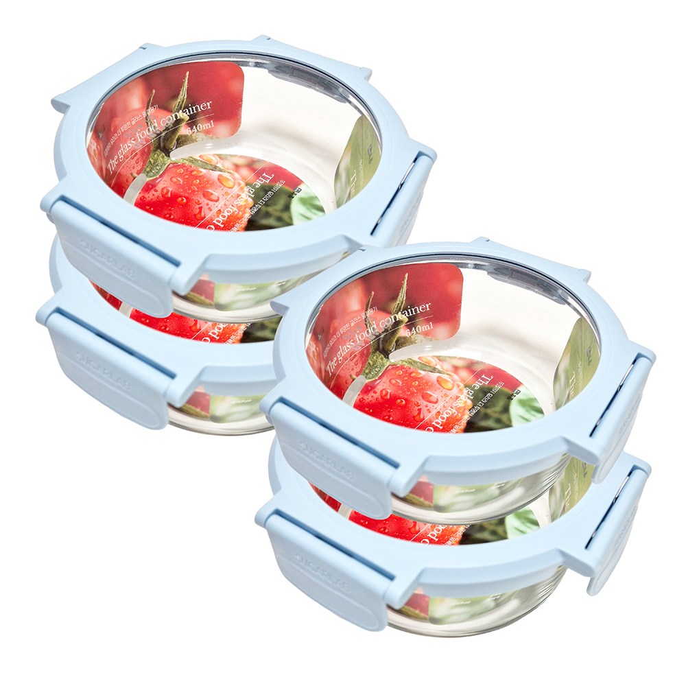 휴홈 더 투명한 바이오 글라스 유리 밀폐용기 원형 4종, 640ml, 4개 25,800원