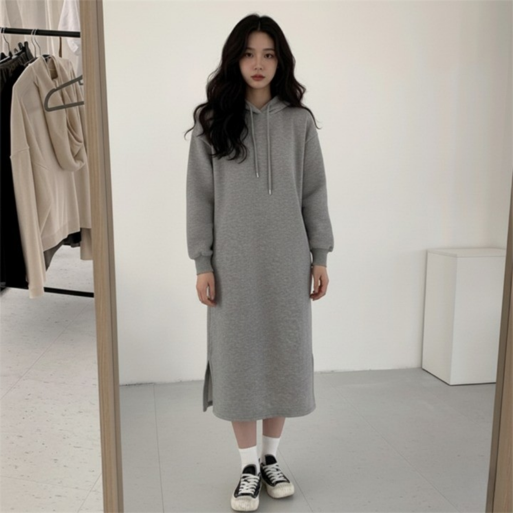 리파니 루즈핏 맨투맨 옆트임 기모 후드 롱 원피스 25,500원