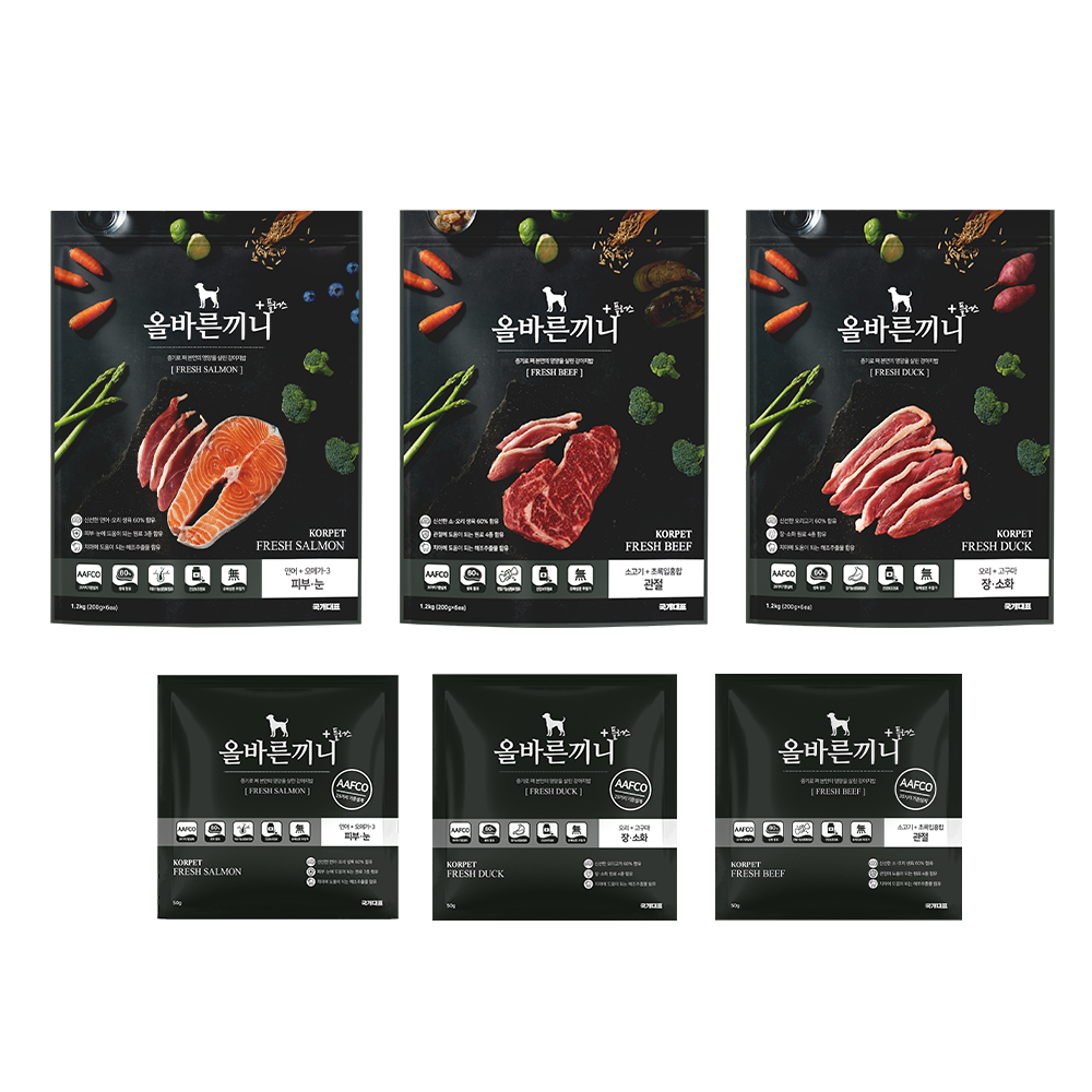 올바른끼니 플러스 - 소고기 + 연어 + 오리 3.6kg 대용량 강아지사료 _ 60%생육, 100%휴먼그레이드, 스팀공법 영양식 강아지밥, 1세트, 3.75kg, 소+연어 79,800원