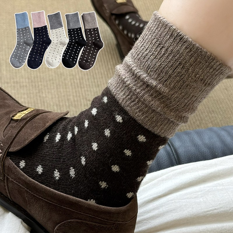 StarHome 가을과 겨울에 어울리는 따뜻한 색상의 물방울 무늬 콘트라스트 컬러 여성용 미드 튜브 양말 세트 5 켤레, 혼합 19,900원