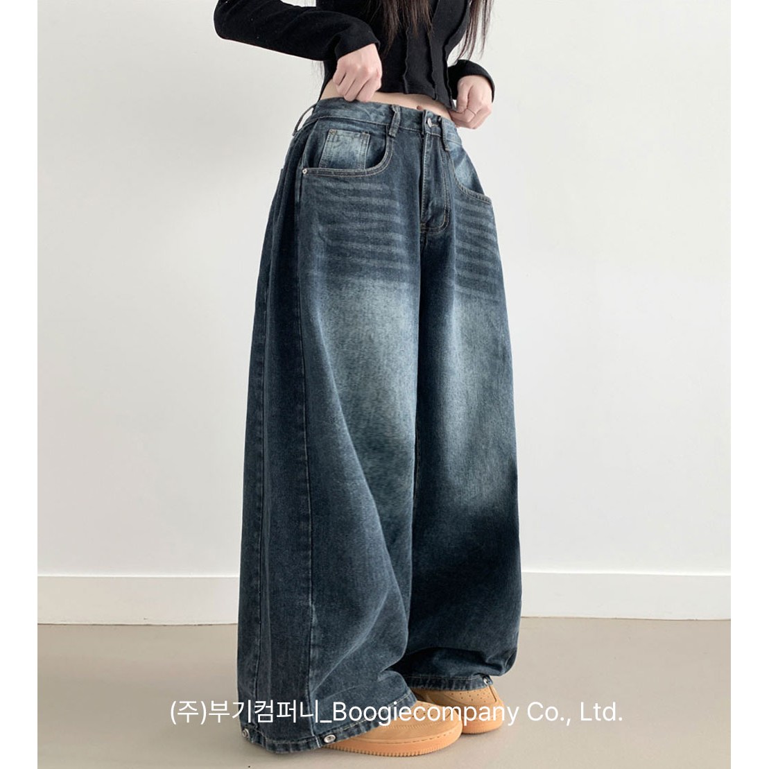 부기샵 벌룬 와이드 데님팬츠 라뚜 사이드핀턱 캣브러쉬 워싱 스냅버튼 조거 와이드 벌룬핏 군살커버 데님팬츠 26,800원