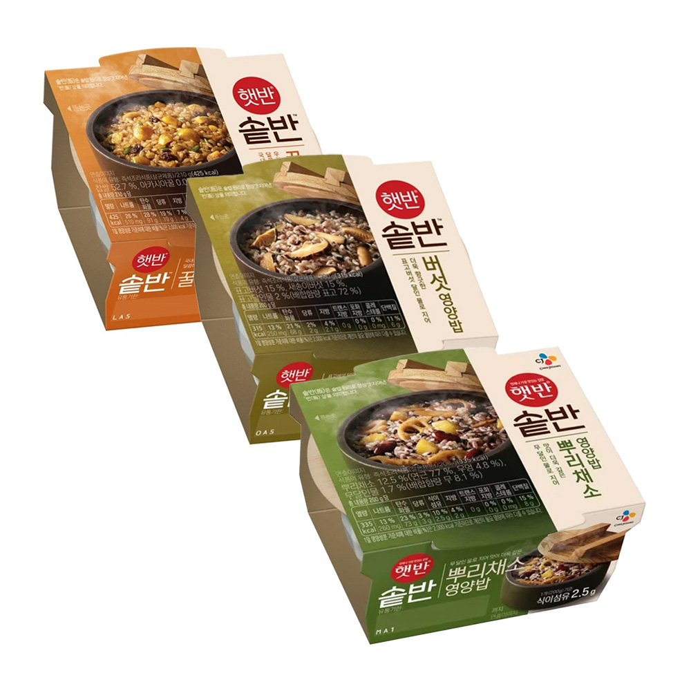 햇반 솥반 3종(뿌리채소영양밥+버섯영양밥+꿀약밥), 610g, 3팩 24,000원