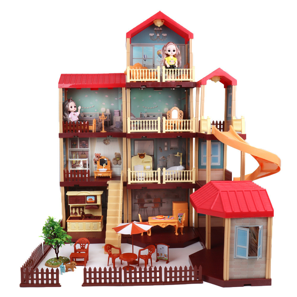 여자어린이 장난감 역할놀이 프린세스 인형의집 집짓기 놀이 조립식 완구 대형 하우스 슬라이드 미끄럼틀 포함 가구 소품 가득한 세트, 1개, 레드계열 166,000원